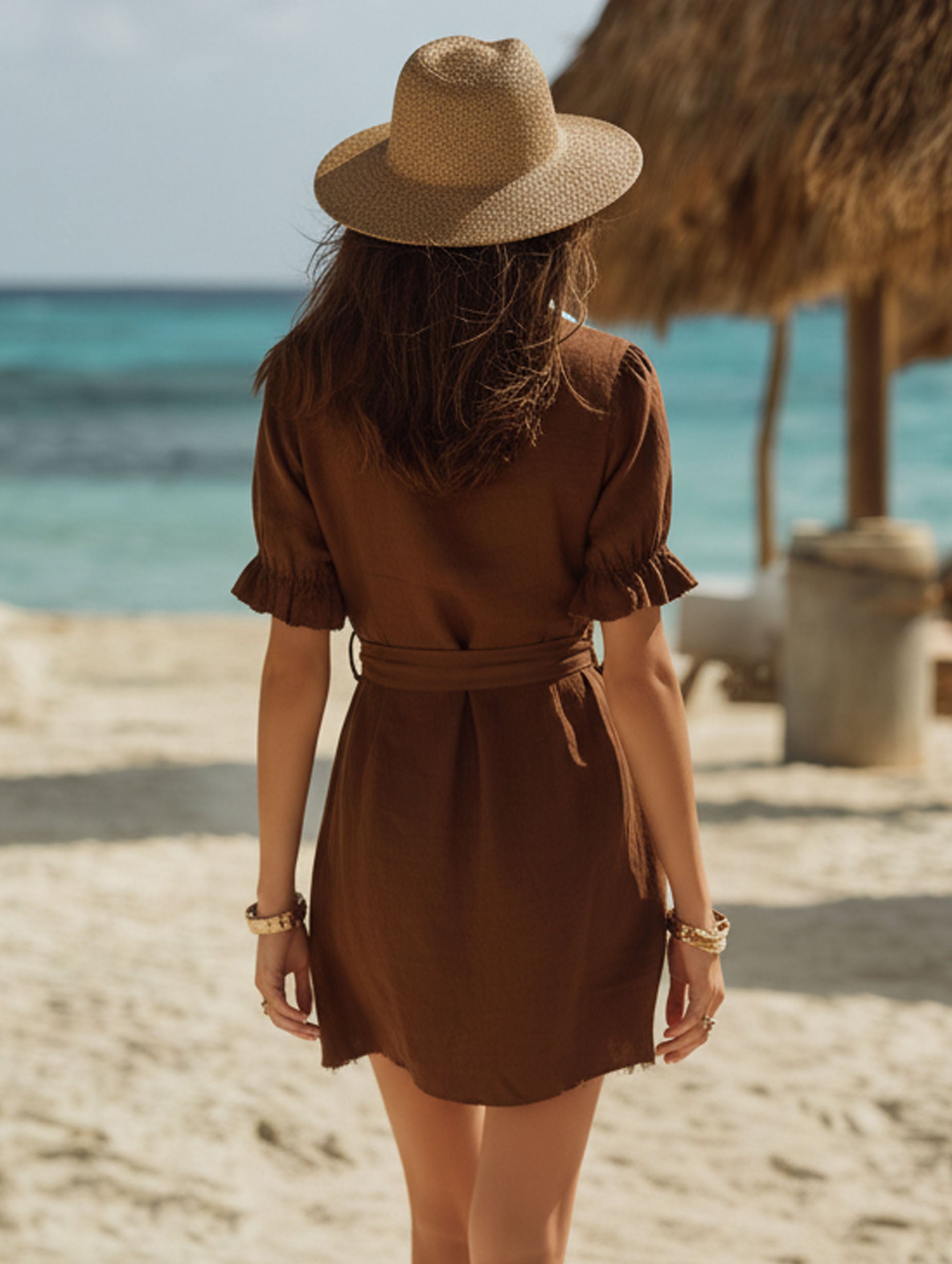 Resort-Style Cotton Linen White Shirt Collar Brown Short-Sleeved Mini Dress