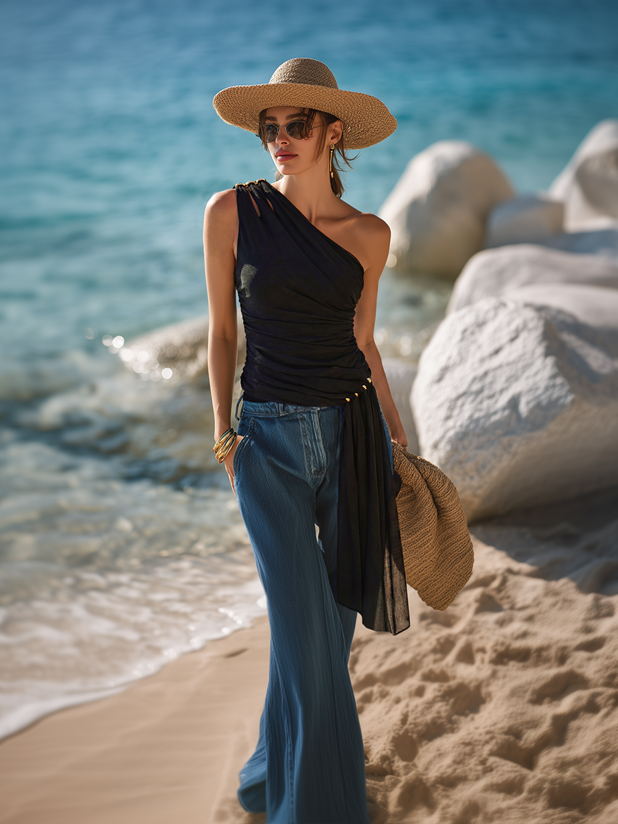 Stylish Fitted One-shoulder Flowing Ribbons Black Mesh Top