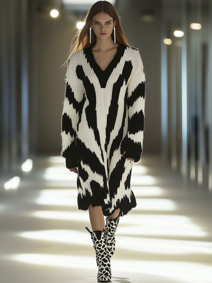 Casual Loose Black And White Geometric Knitted V-Neck Midi Dress