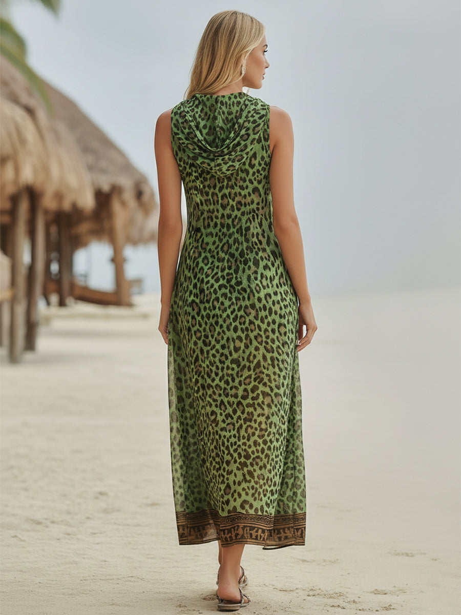 Retro Casual Green Leopard Print Chiffon Hooded Midi Dress