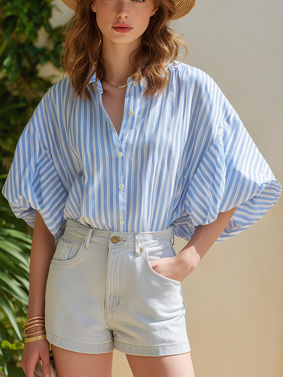 Resort-style Blue And White Striped Short-sleeved Shirt