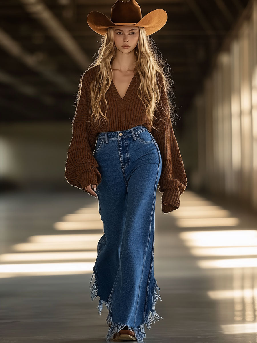 Vintage Casual Loose Raw Edge Wide Leg Flared Blue Jeans