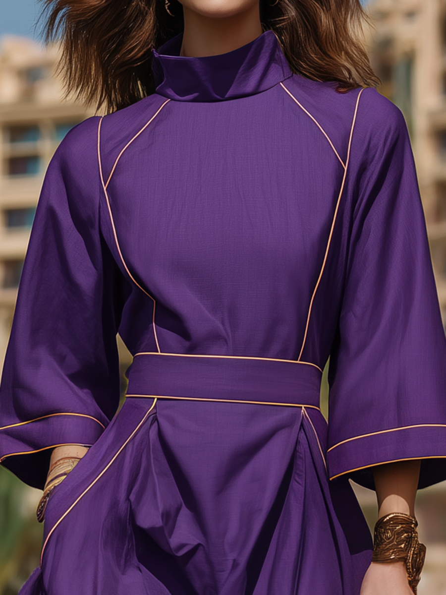 Vacation-style Purple High-neck Long-sleeved Midi Dress