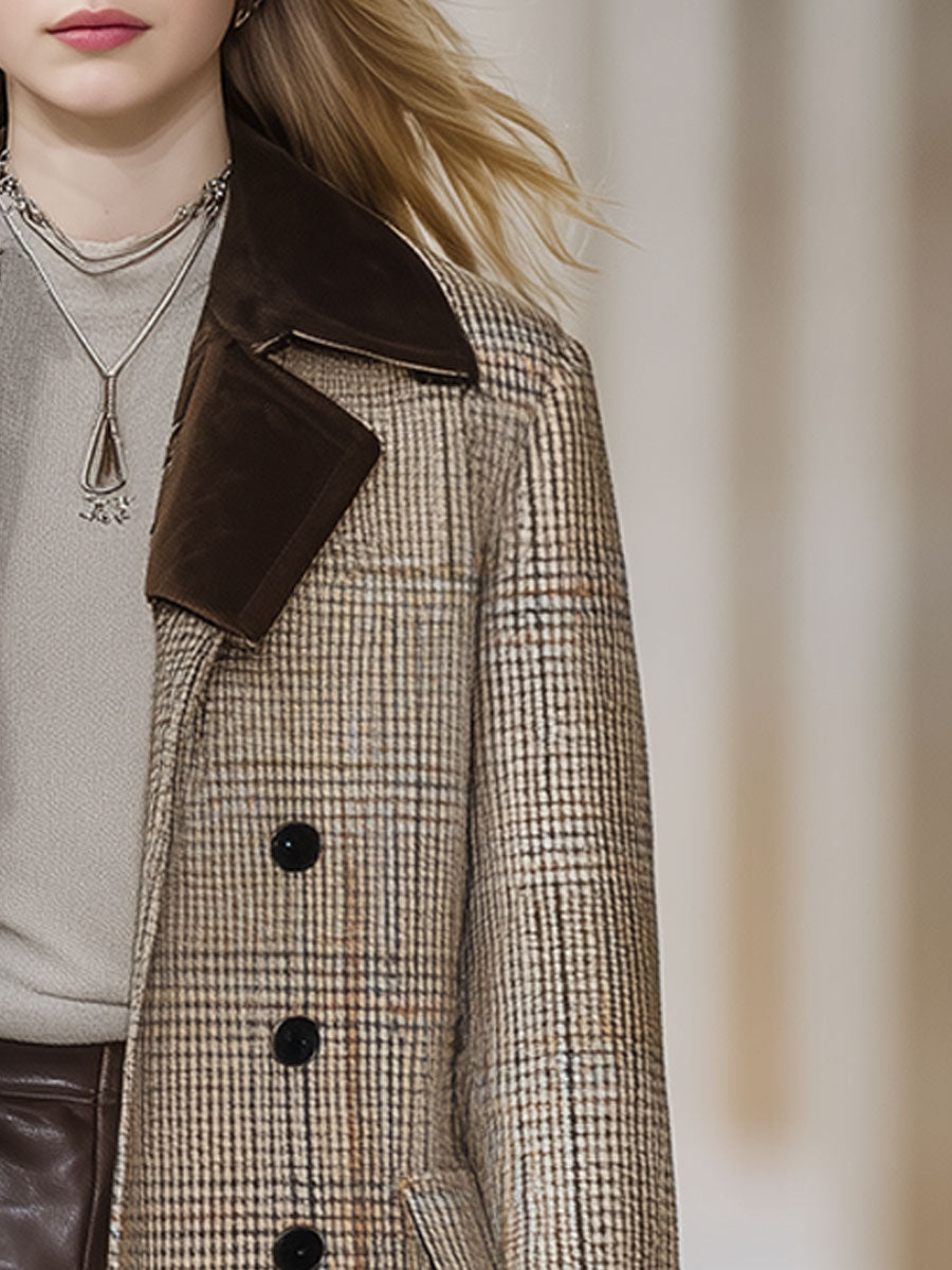 Casual Loose Retro Plaid Wool Patchwork Buttoned Mid-Length Coat