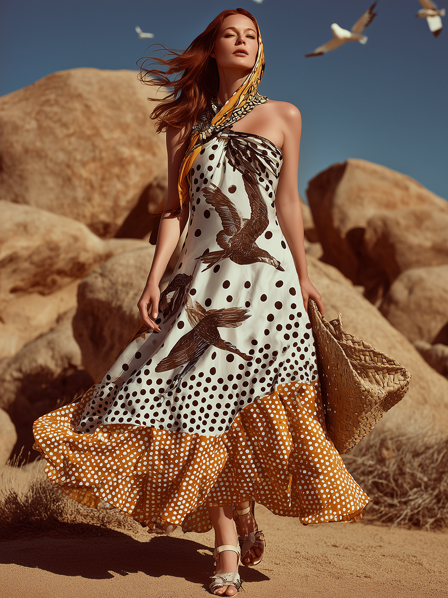 Luxury Resort-style Halter-neck Tie-back Satin Printed Maxi Dress