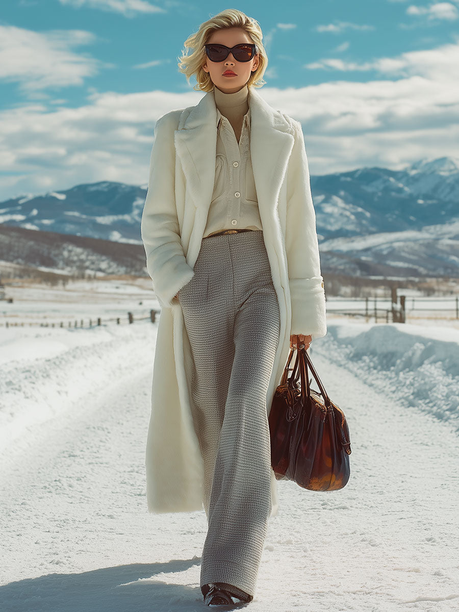 Elegant Classic Lapel White Long Faux Fur Coat