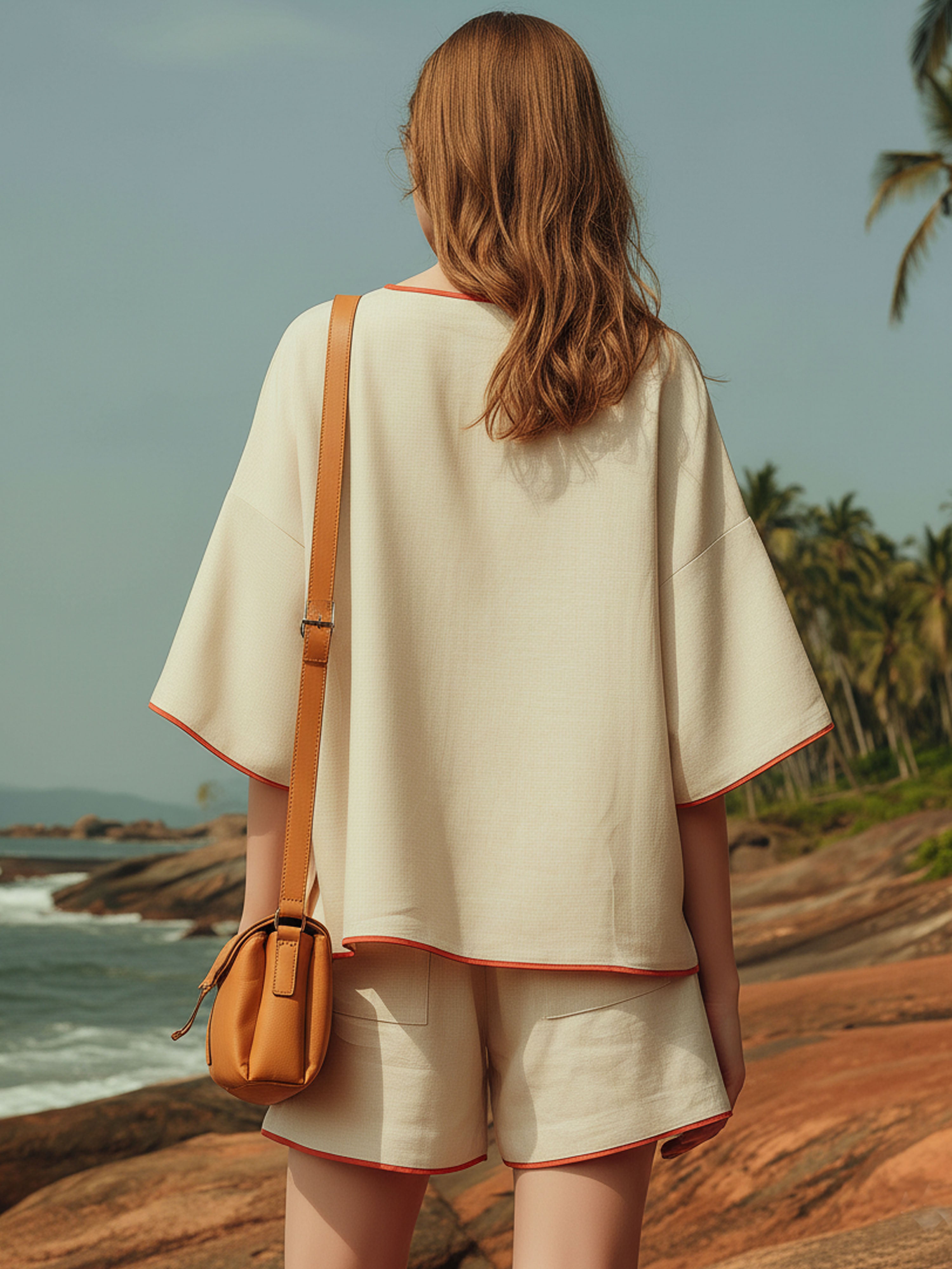 Vacation-Style Off-White Cotton Linen With Red Piping Short-Sleeved Shorts Set