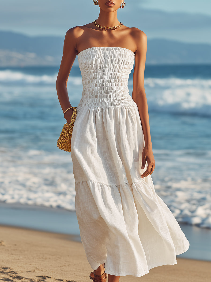 Casual Vacation White Cotton And Linen Strapless Midi Dress