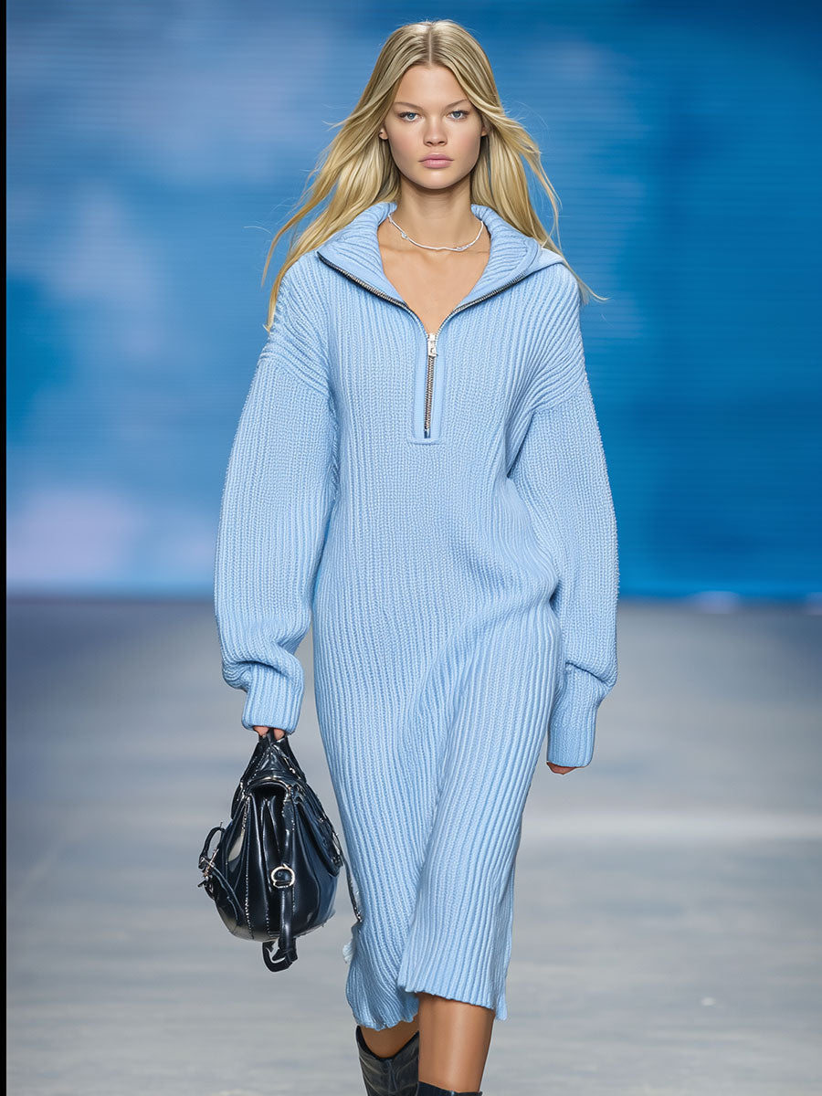 Fashion Loose Retro Blue Knitted Hooded Midi Dress