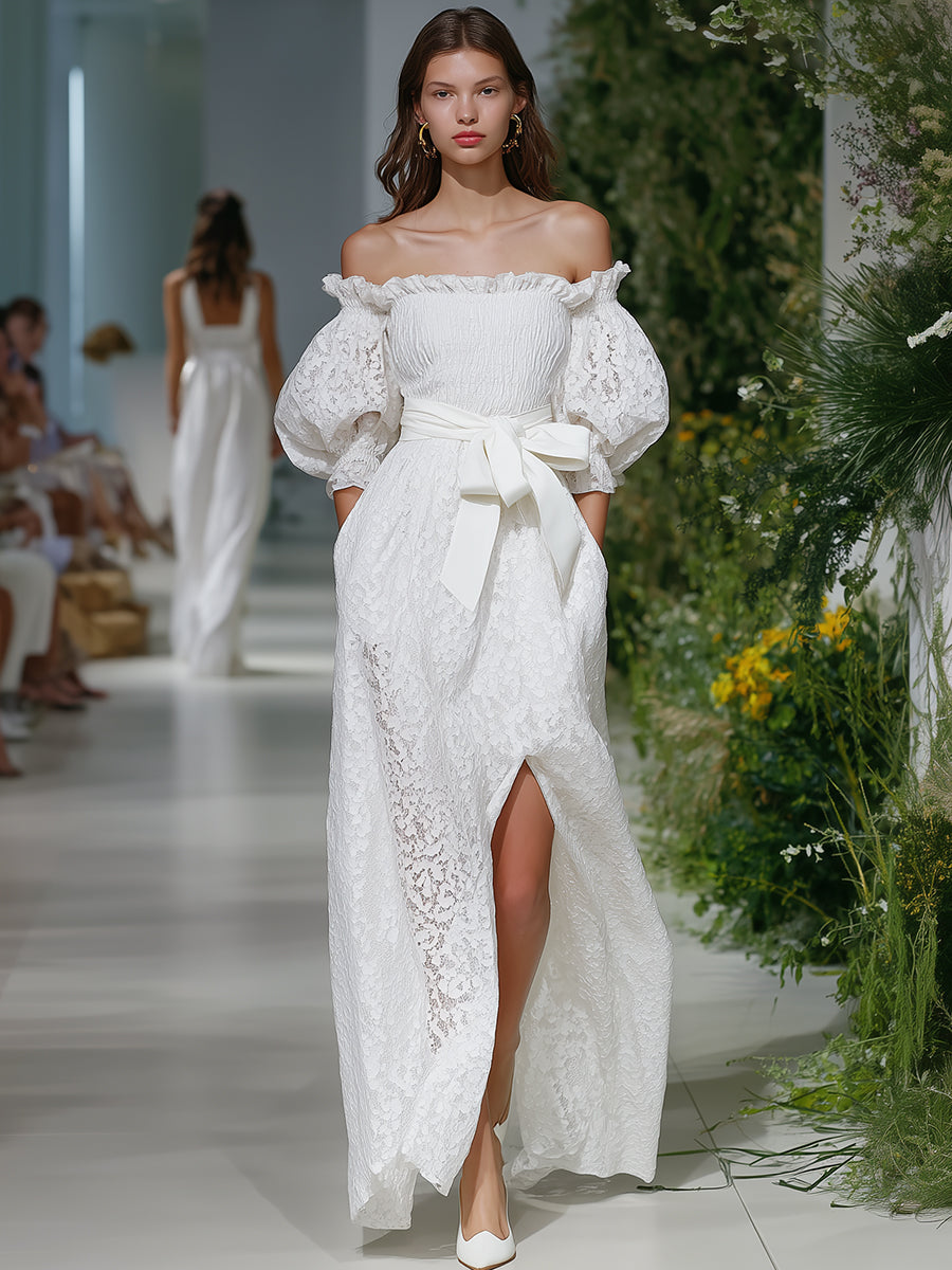 Elegant Bohemian Bow-Waisted White Lace Off-Shoulder Maxi Dress