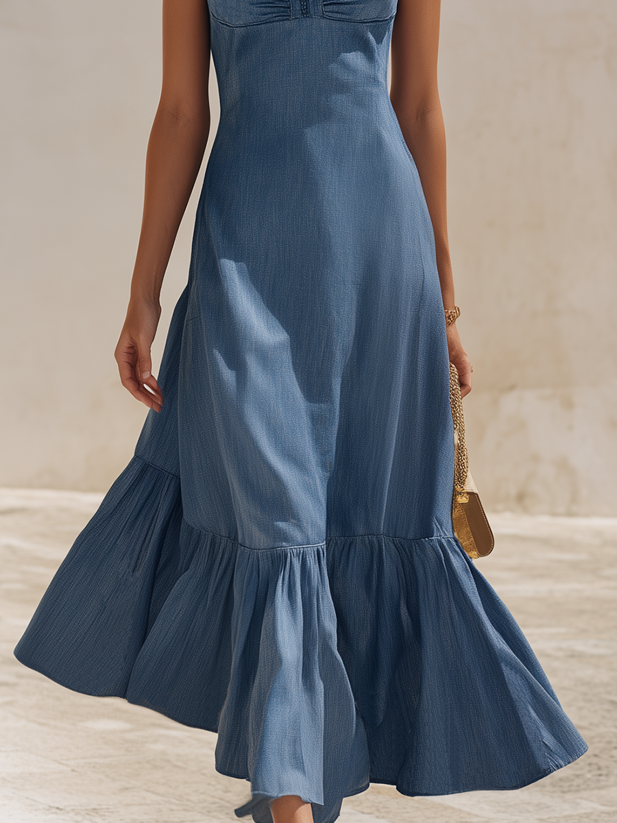 Vacation-style Blue Spaghetti Strap Tencel Maxi Dress