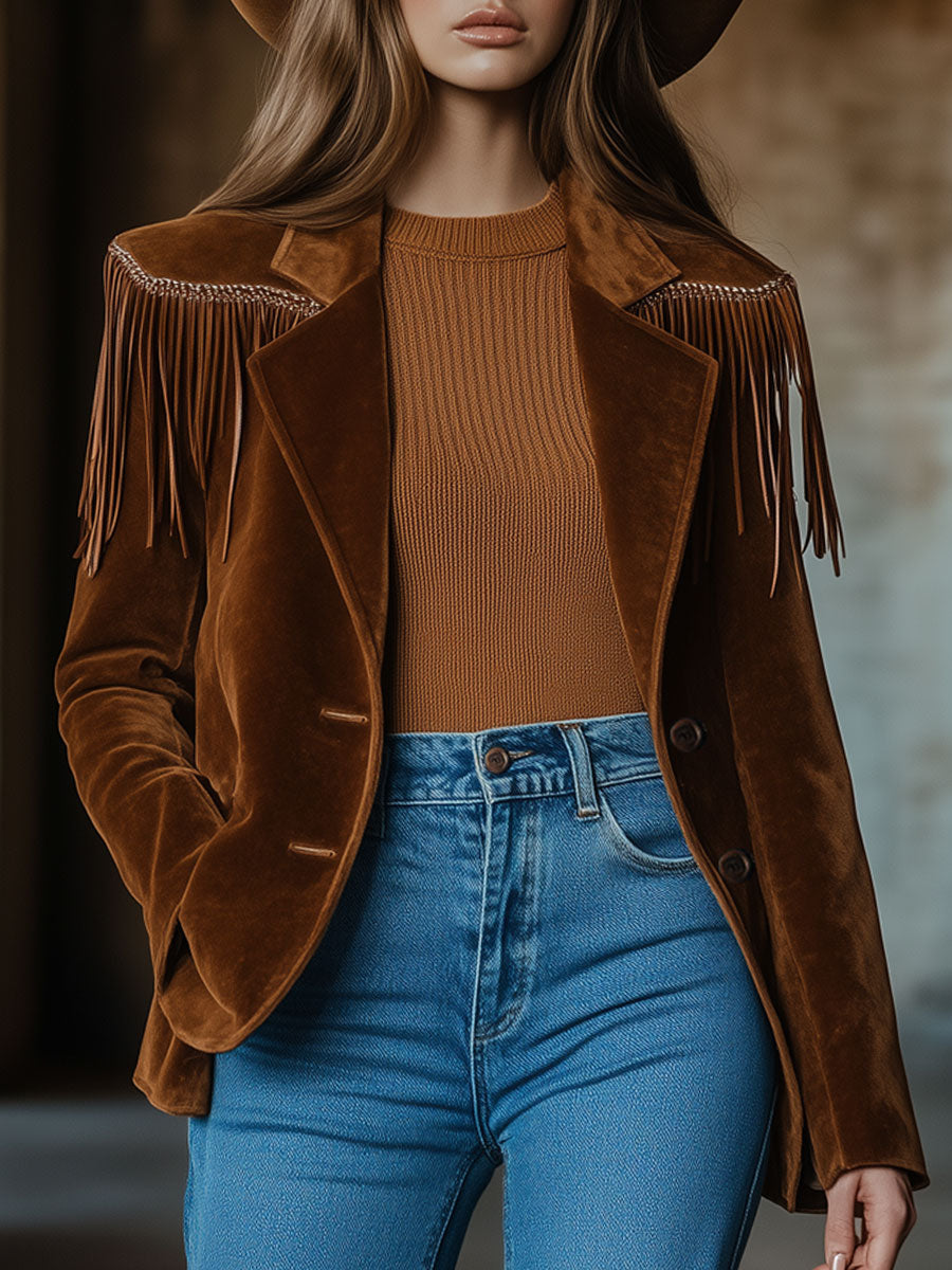 Casual Western Vintage Brown Suede Web Tassel Blazer