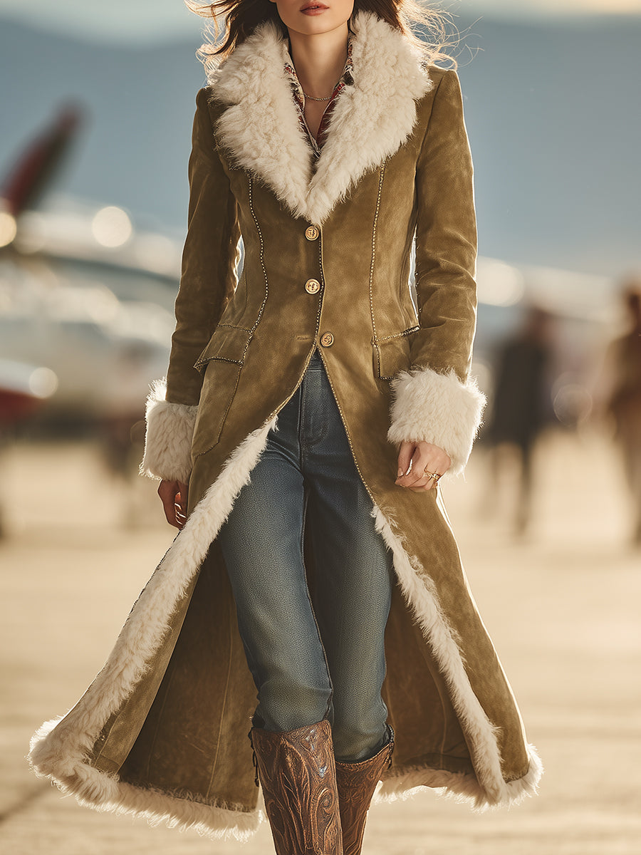Vintage Western Faux Fur Trim And Buttons Brown Faux Suede Coat