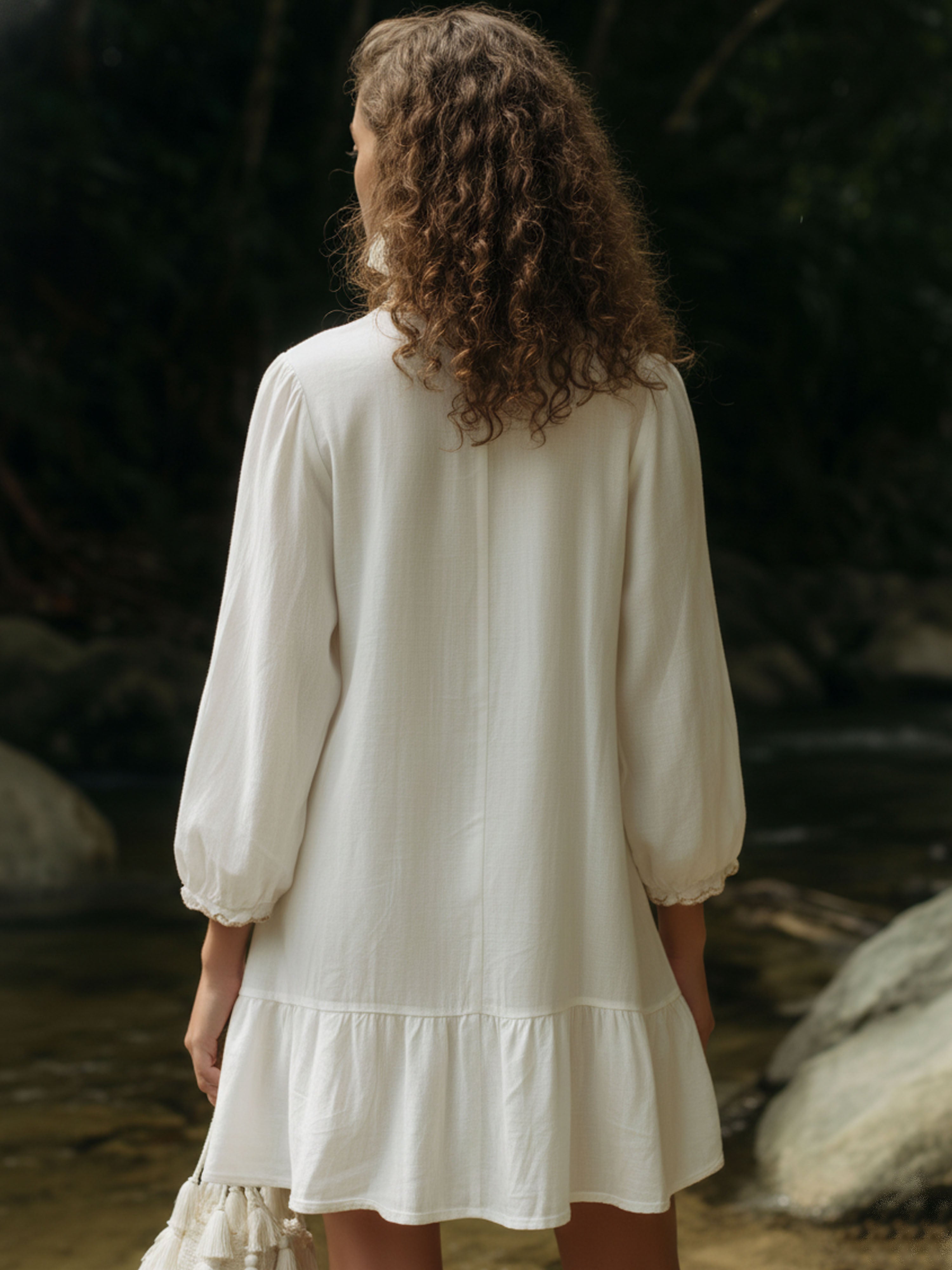 Beach Vacation White Cotton Linen Bubble Sleeve Mini Dress