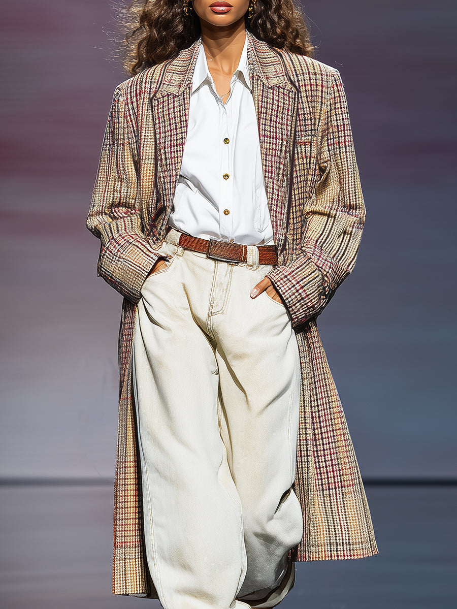 Retro Elegant Motley Plaid Long Trench Coat