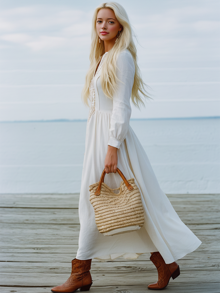 Elegant Resort-style Embroidered White Cotton And Linen Maxi Dress