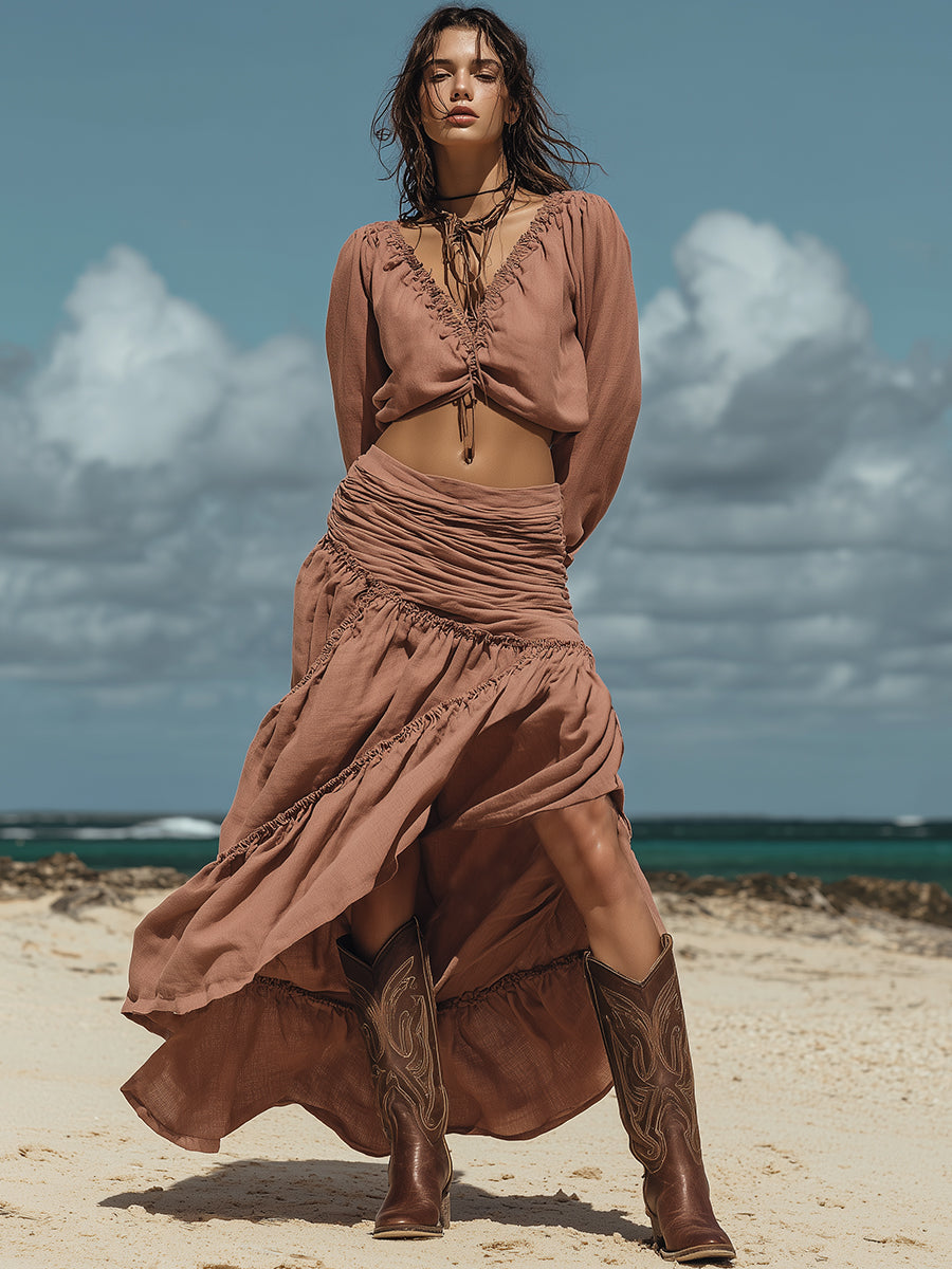 Fashionable Vacation-style Dusty Pink Cotton Linen V-neck Top And Pleated Long Skirt Se