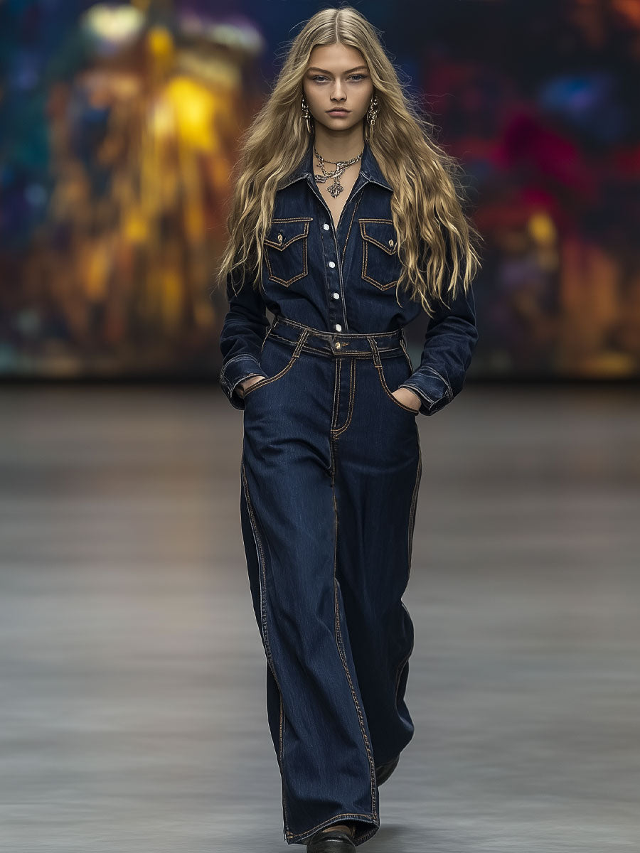 Fashionable And Casual Dark Blue Lapel Brown Topstitched Long-Sleeved Jumpsuit
