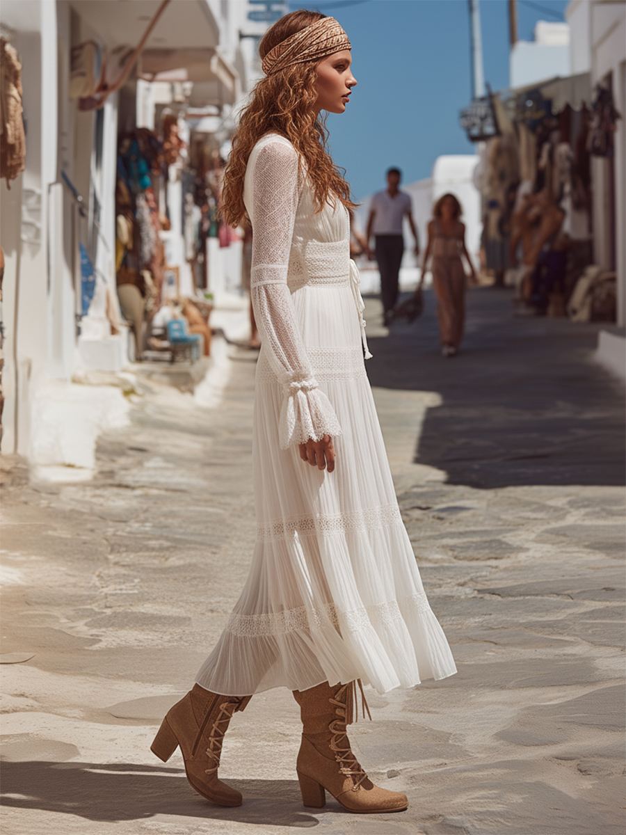 Romantic Bohemian Lace Sleeve Off-White Midi Dress