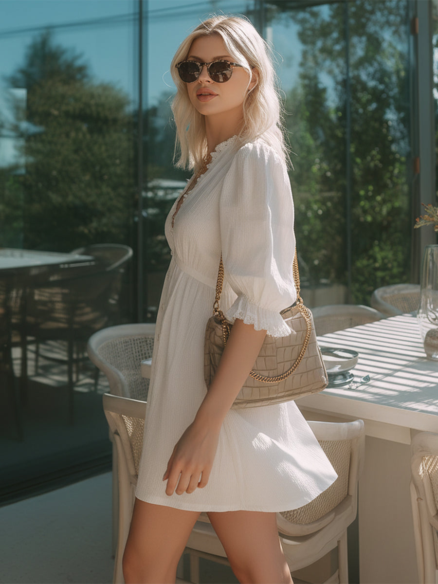 Romantic Bohemian White Crinkled Cotton Lace Trim V-Neck Button Mini Dress