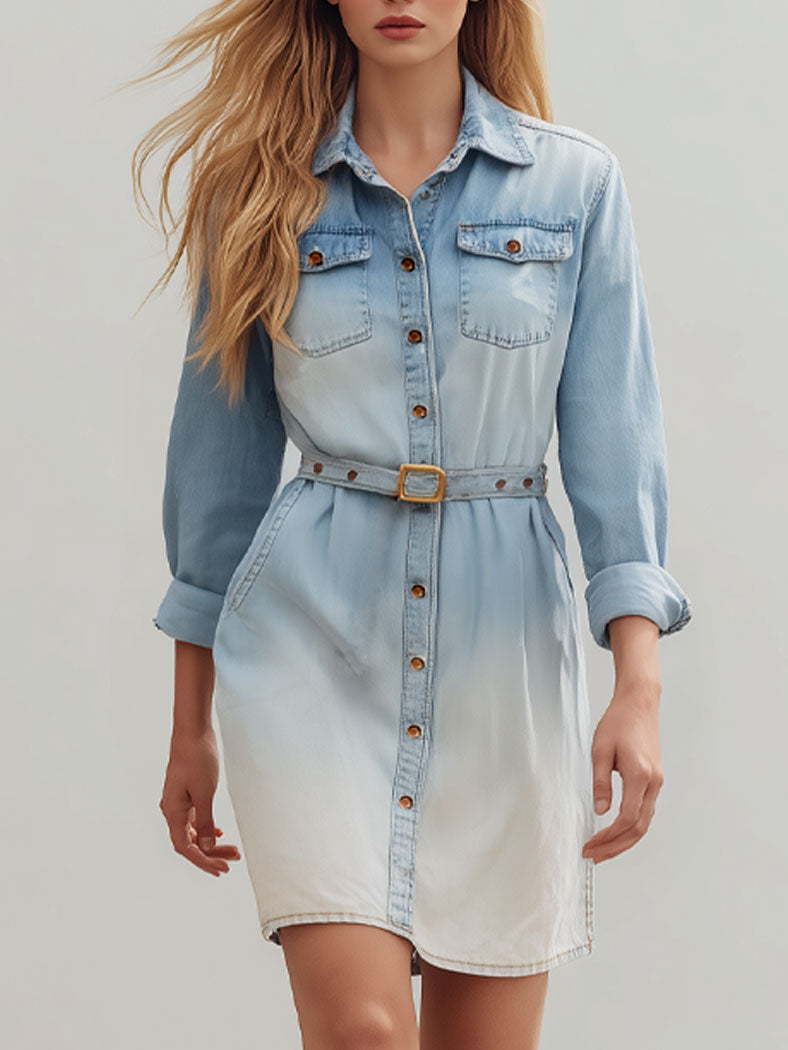 Classic And Fashionable Light Blue Washed Denim Gradient Shirt-Style Mini Dress