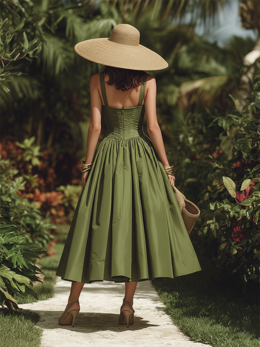 Elegant Vacation Style Ruffled Neckline A-line Green Midi Dress