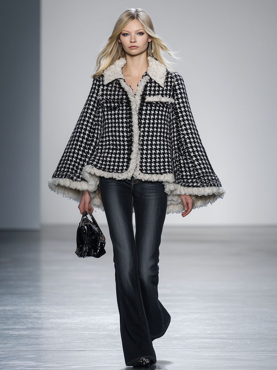 Fashionable Loose Black And White Houndstooth Cape Coat