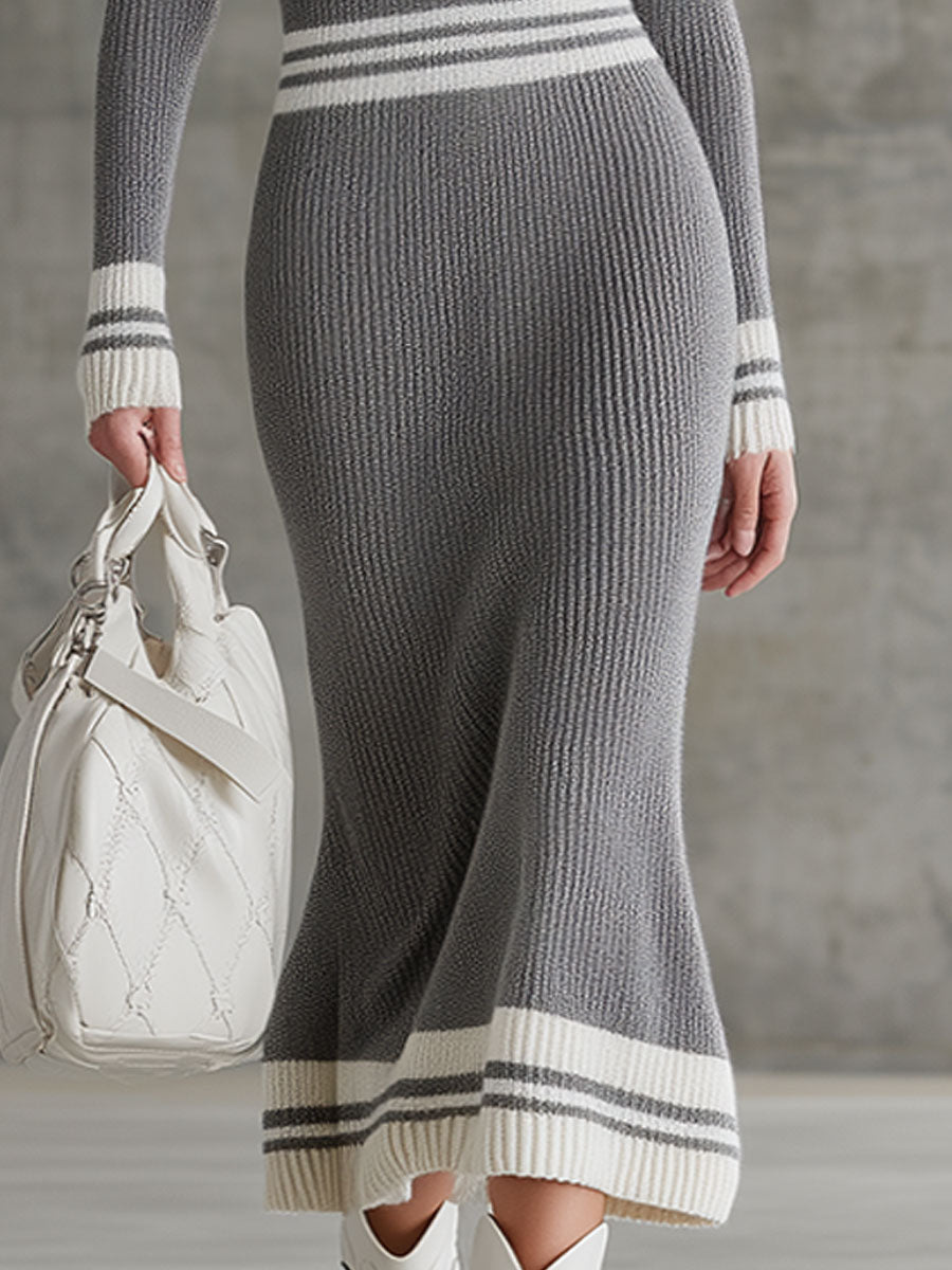 Fashion Loose Gray Knit Lapel Zipper Midi Dress