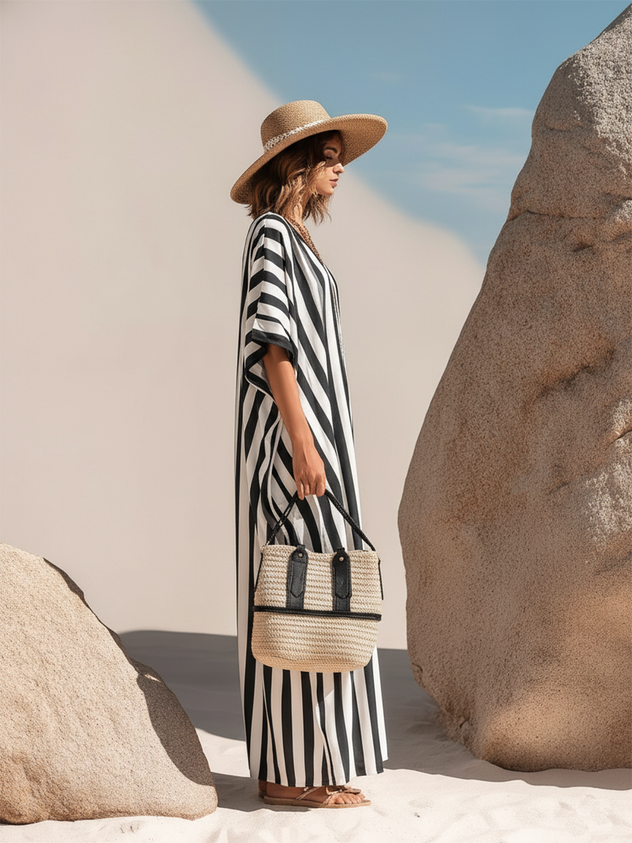 Vacation-style Striped Round-neck Short-sleeved Maxi Dress