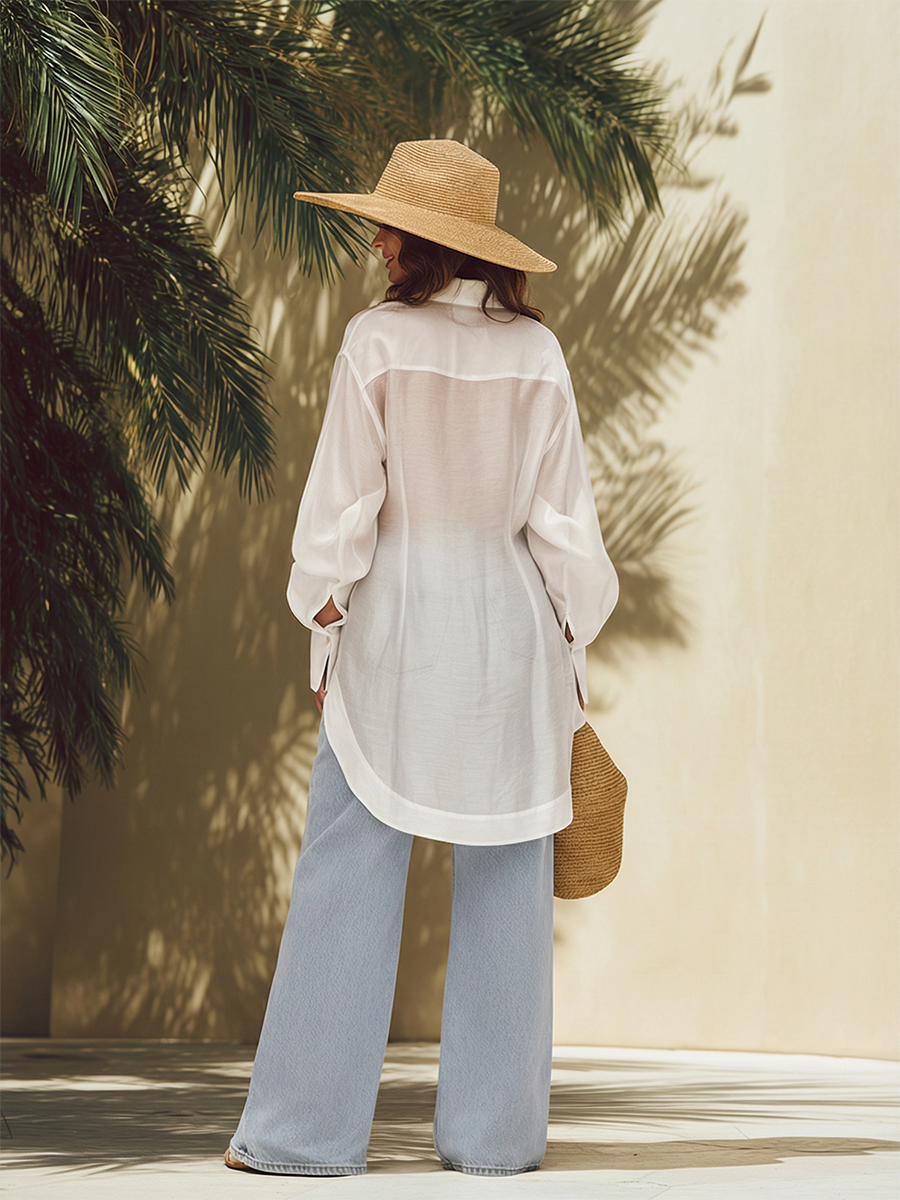 Stylish Sheer Irregular Hem White Long-sleeved Shirt