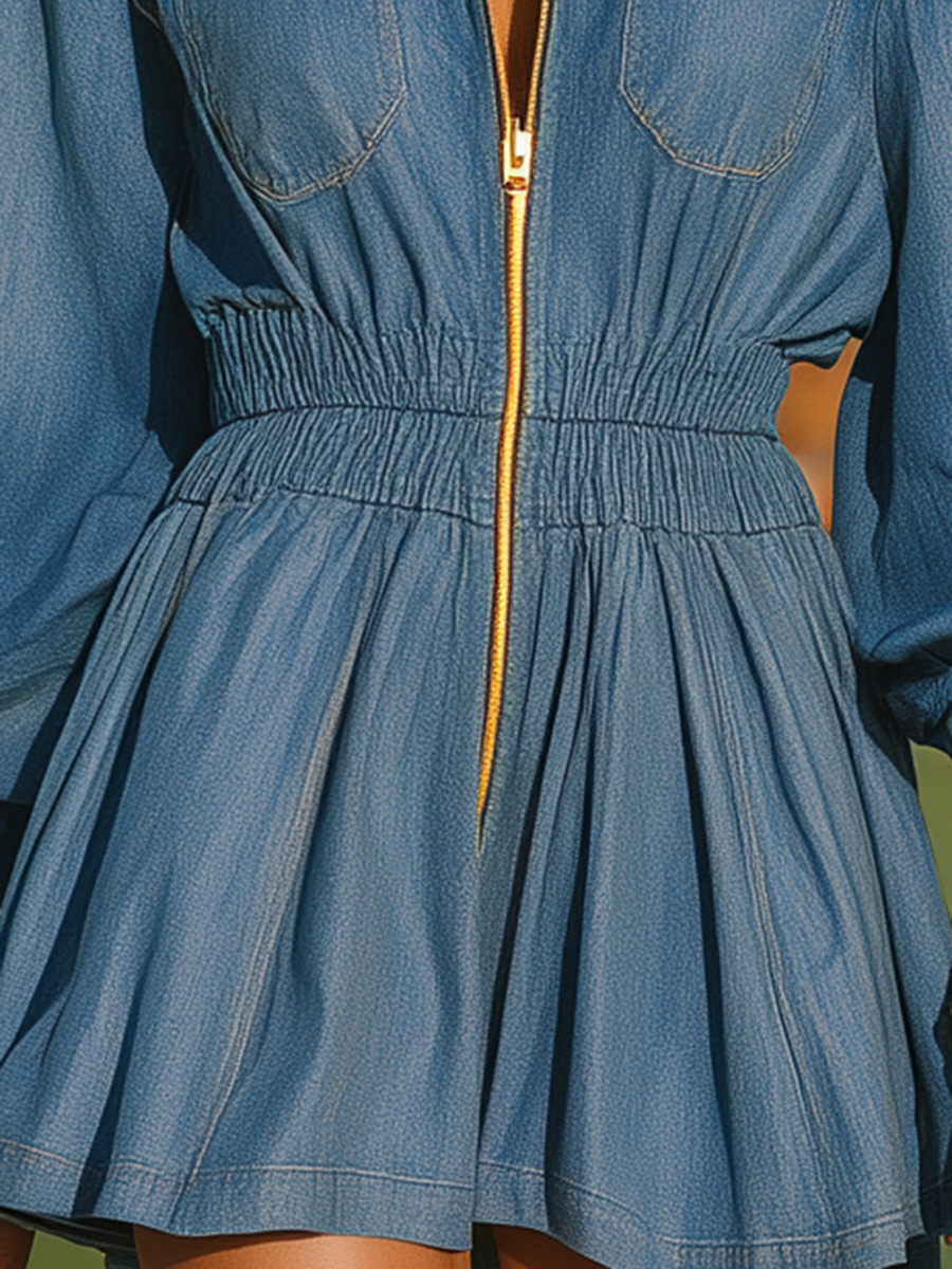 Vacation-style Denim Zip-up Mini Dress