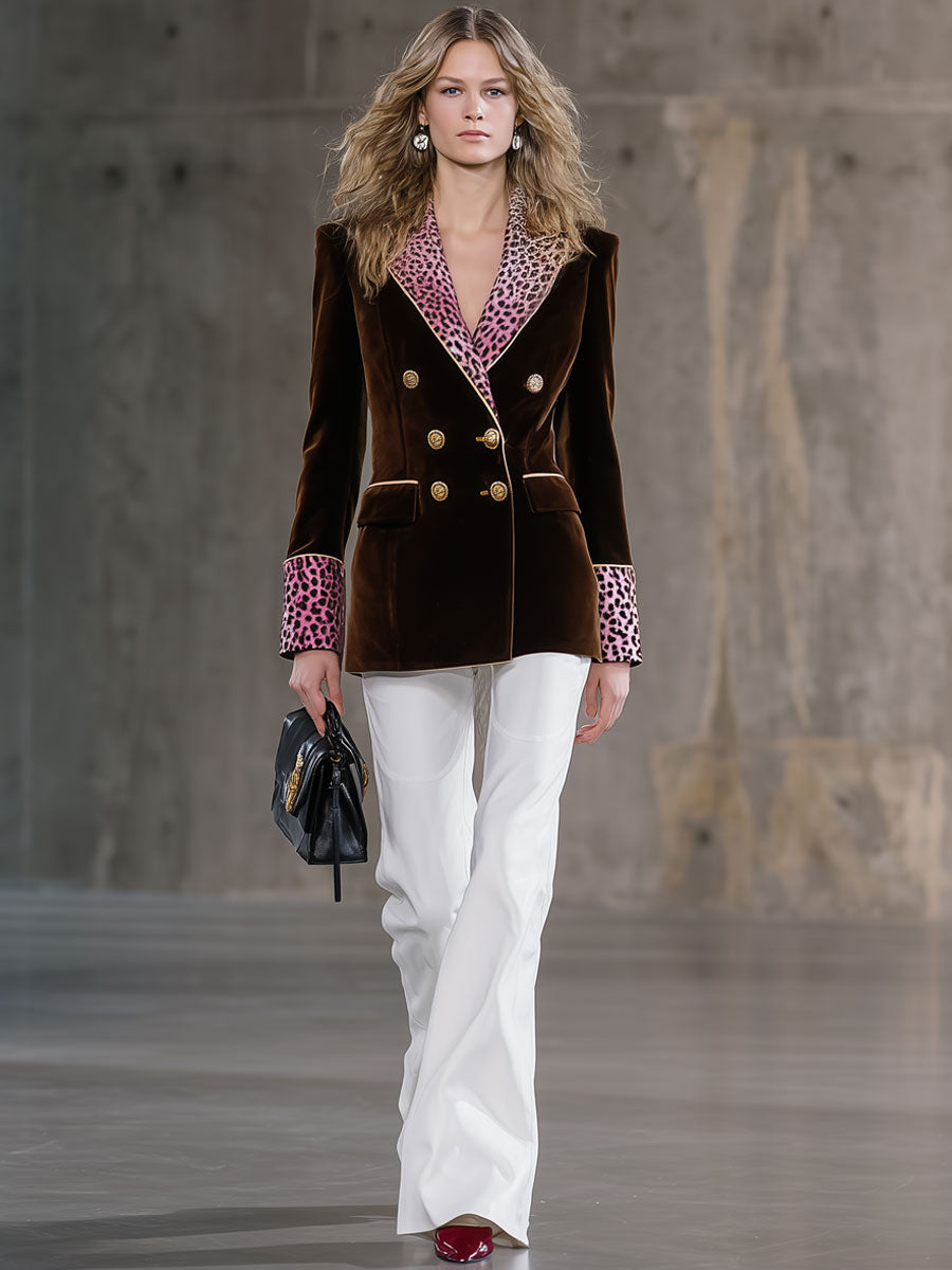 Casual Fashion Retro Leopard Print Cocoa Brown Velvet Blazer