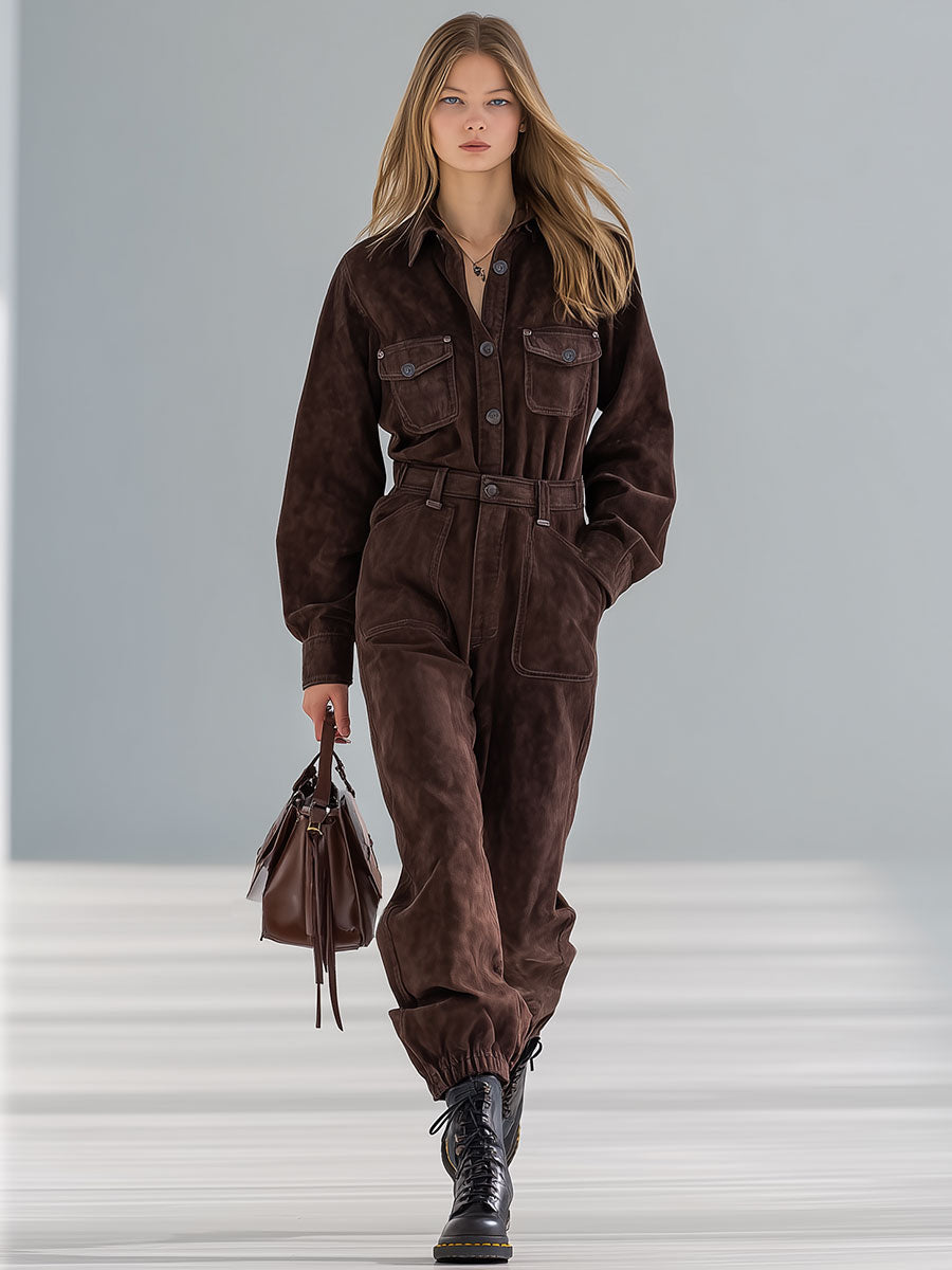 Fashion Retro Brown Faux Suede Button Jumpsuit