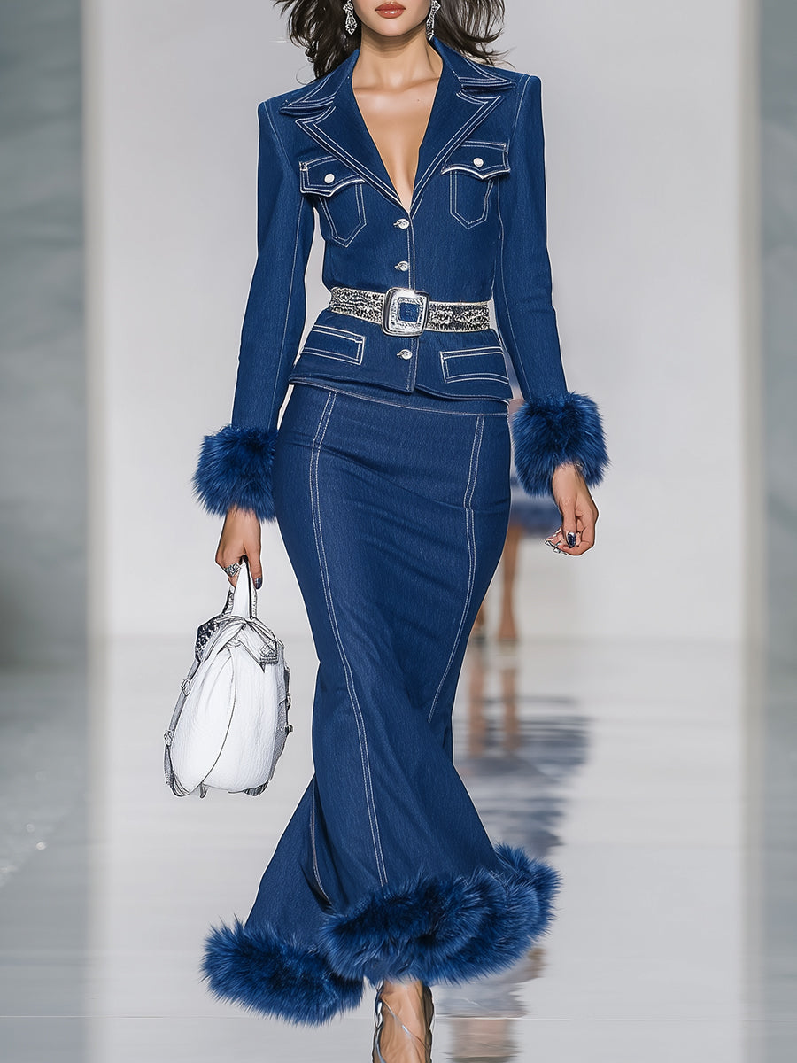 Blue Button-down Jacket And Skirt With Fur Suit