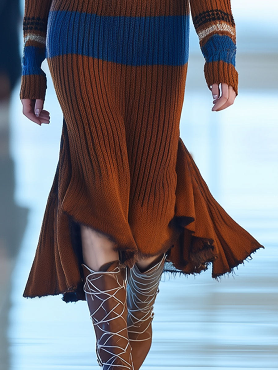 Vintage Blue And Brown Striped Knitted Fishtail Raw Edge Midi Dress