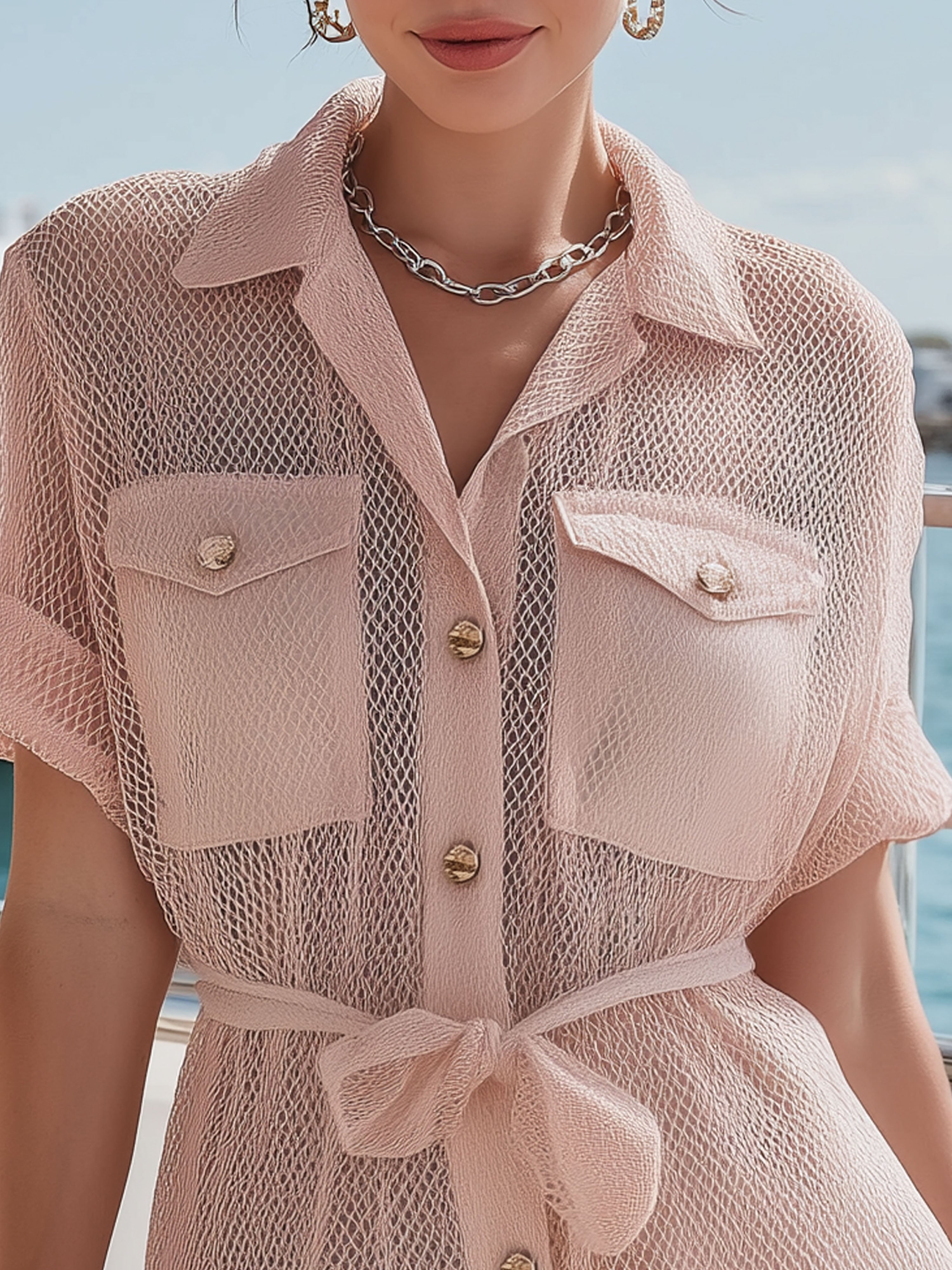 Light Pink Mesh Polo Collar Tie-Front Perfect For Vacation Mini Dress