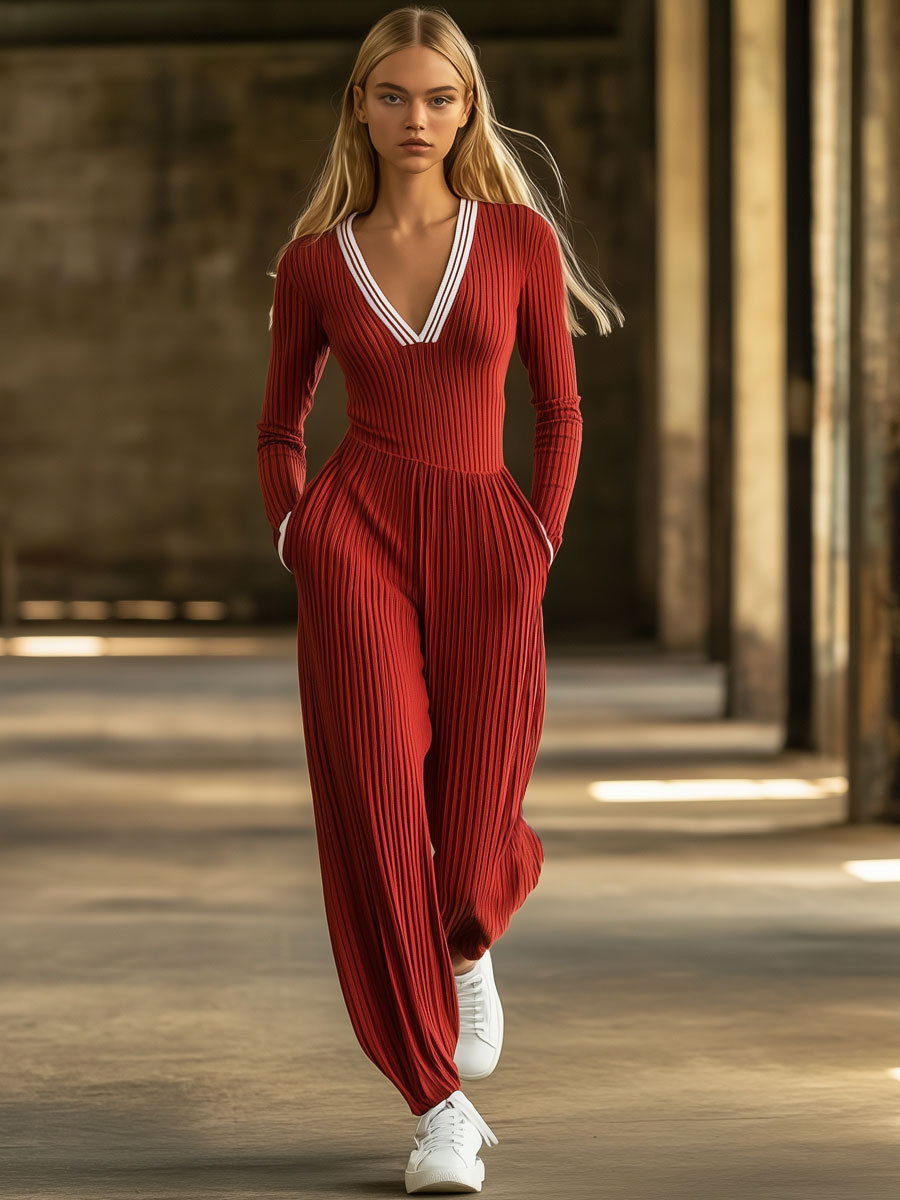 Fashionable Red Knitted White Striped Long-Sleeved Sports Jumpsuit