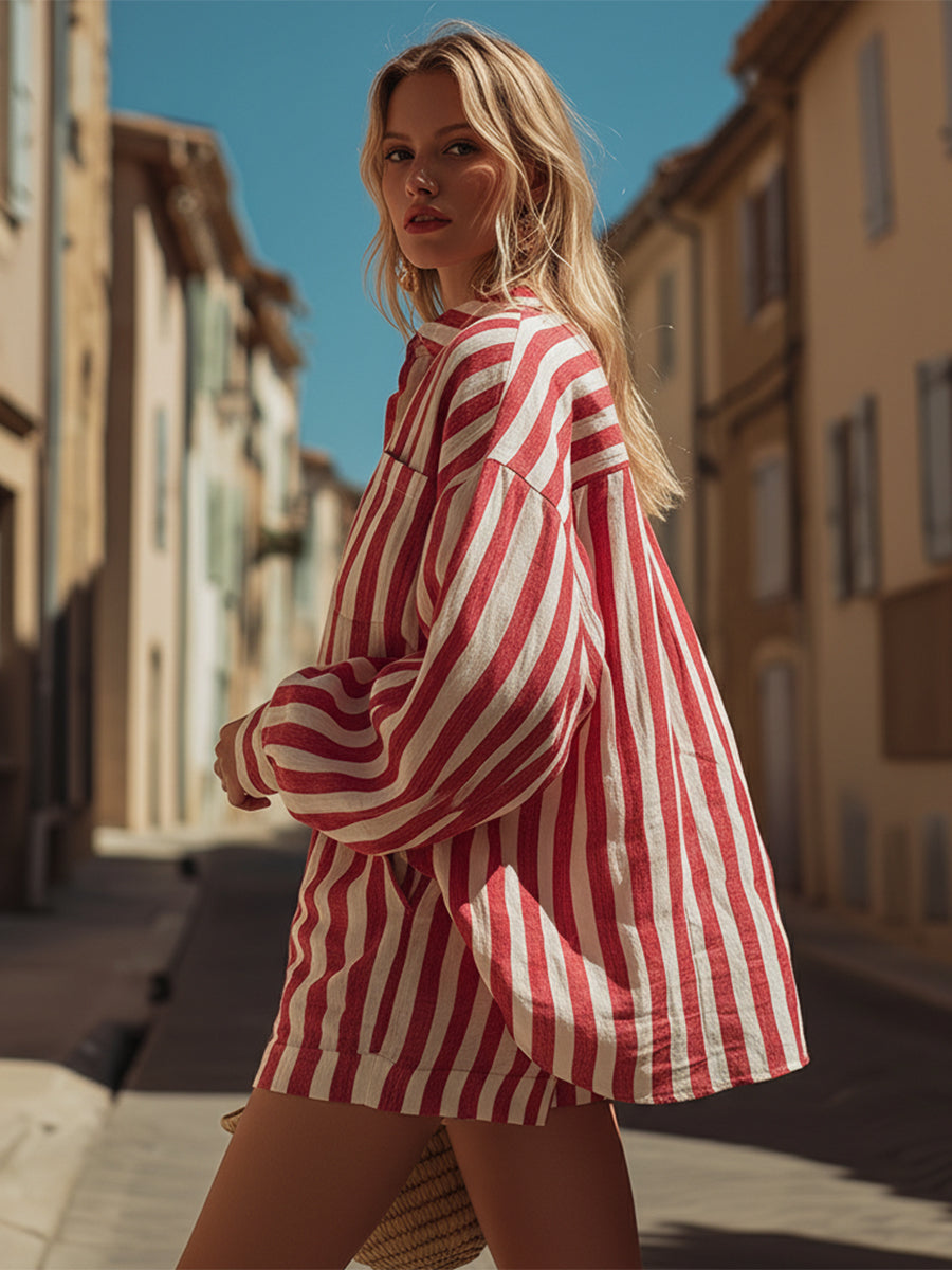 Italian-style Resort Red And White Striped Cotton And Linen Loose Shirt And Shorts Set