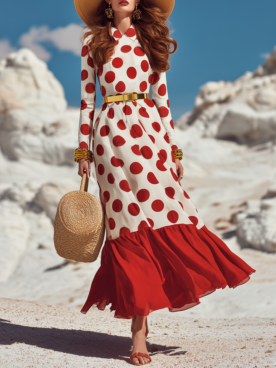 Classic Holiday Red Polka Dot Lapel Chiffon Maxi Dress