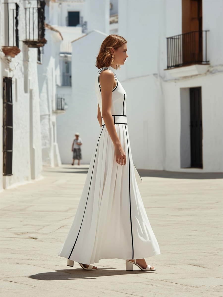 Vacation-style White Cotton Sleeveless Maxi Dress