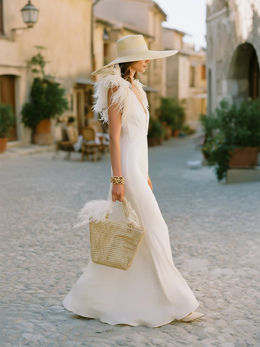 Elegant Cocktail Party V-neck Faux Fur Collar Sleeve Satin Maxi Dress