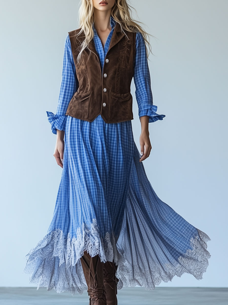 Casual Vintage Blue Plaid Lace Trim Long Sleeve Maxi Dress