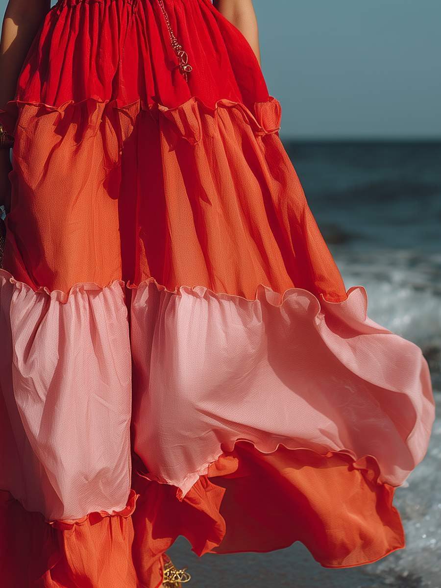 Vacation-style Sleeveless Round-neck Color-block Maxi Dress