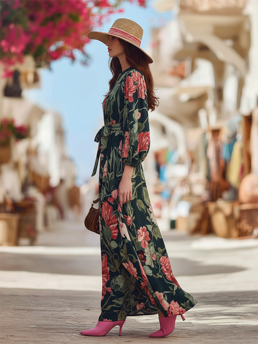 Romantic Vacation-style Floral Print Chiffon Maxi Dress