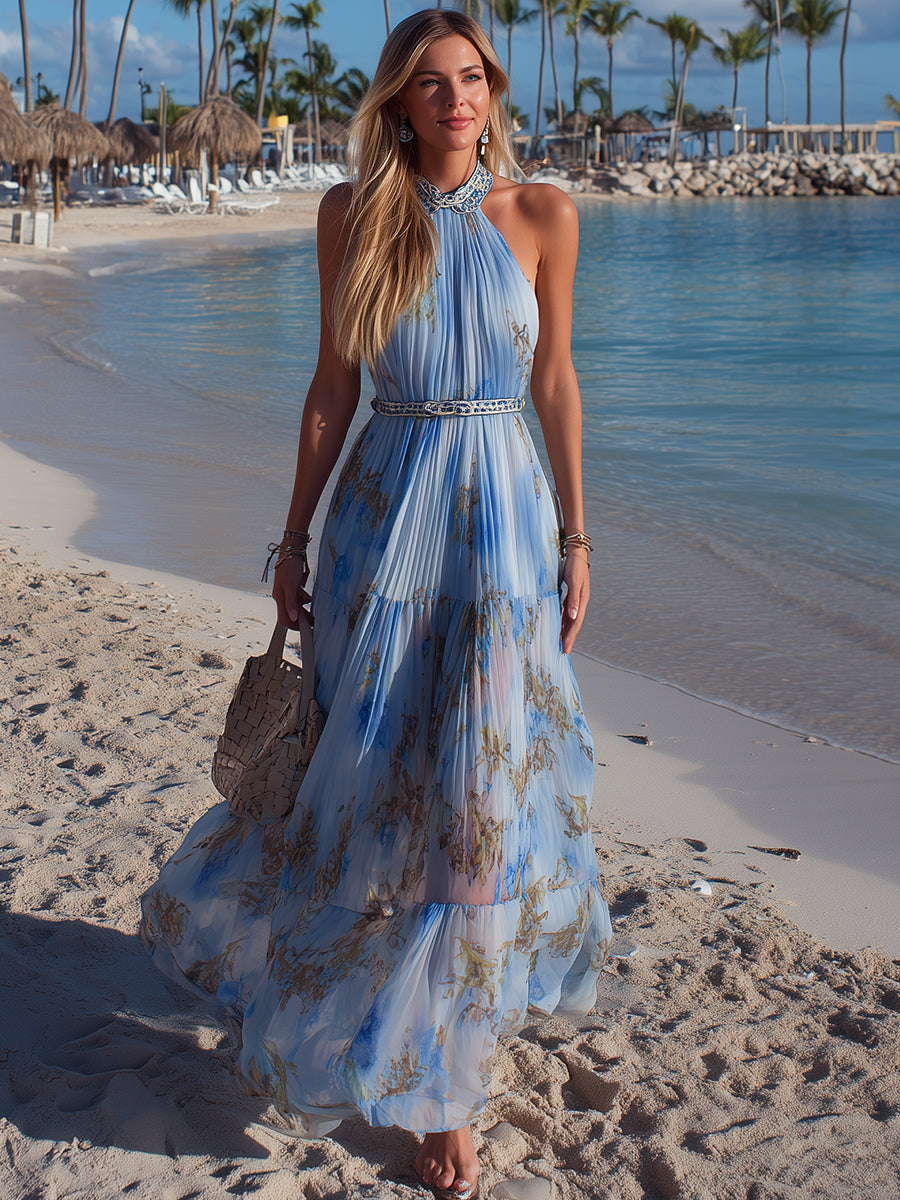 Bohemian Resort Chiffon Print Halter Neck Pleated Maxi Dress