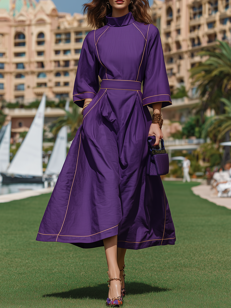 Vacation-style Purple High-neck Long-sleeved Midi Dress