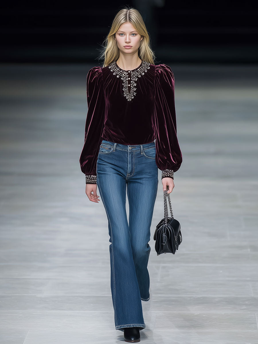 Casual Loose Retro Wine Red Velvet Long-Sleeved Shirt