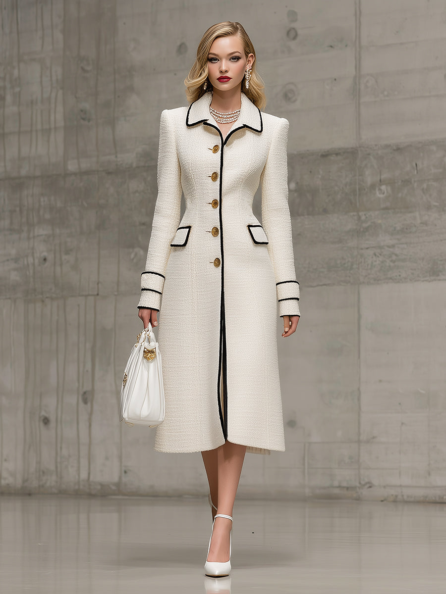 Elegant White Tweed Mid-length With Contrasting Gold Buttons Coat