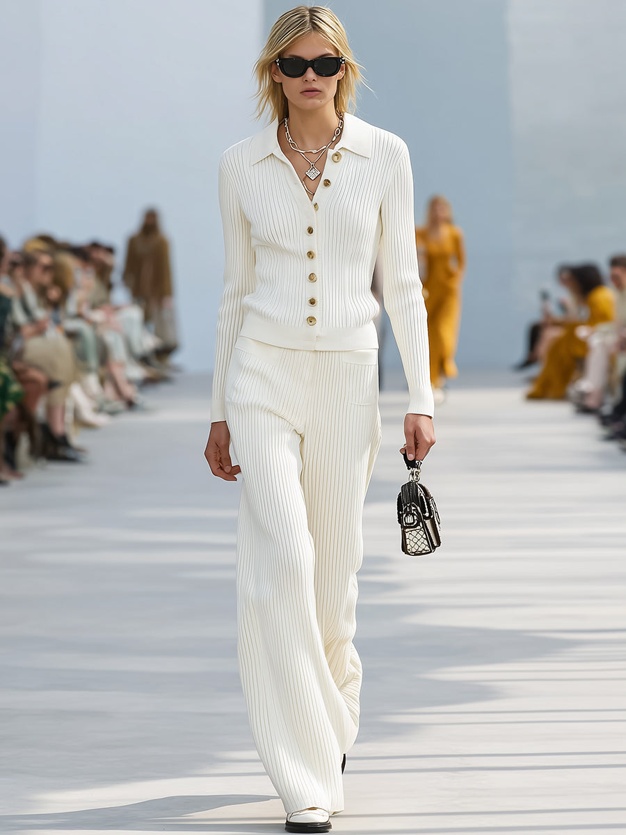 Simple Old Money Style Button Decoration Off-white Knitted Cardigan Trousers Set