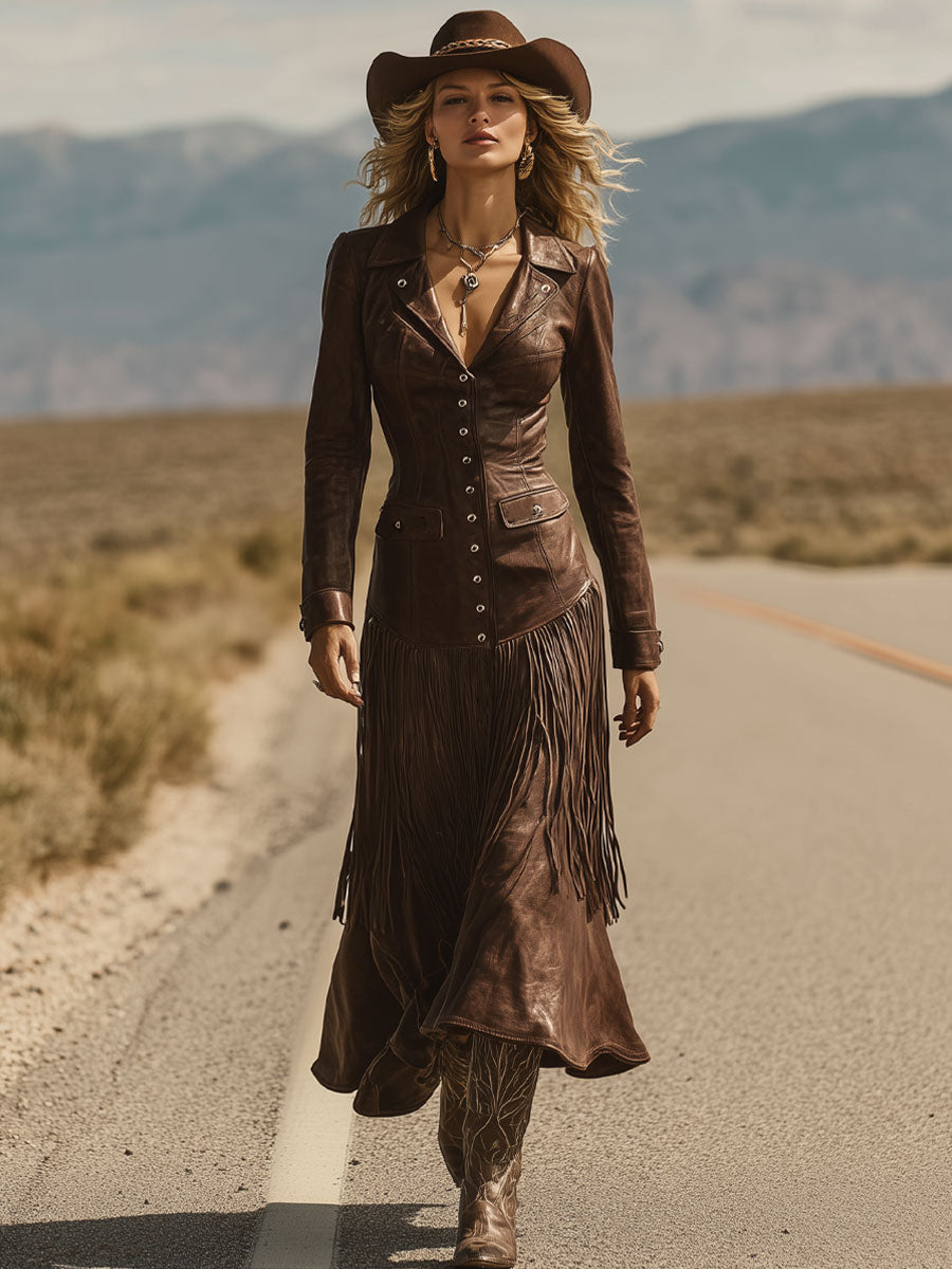Western Retro Chocolate Brown Eco-Leather Lapel Tassel Midi Dress
